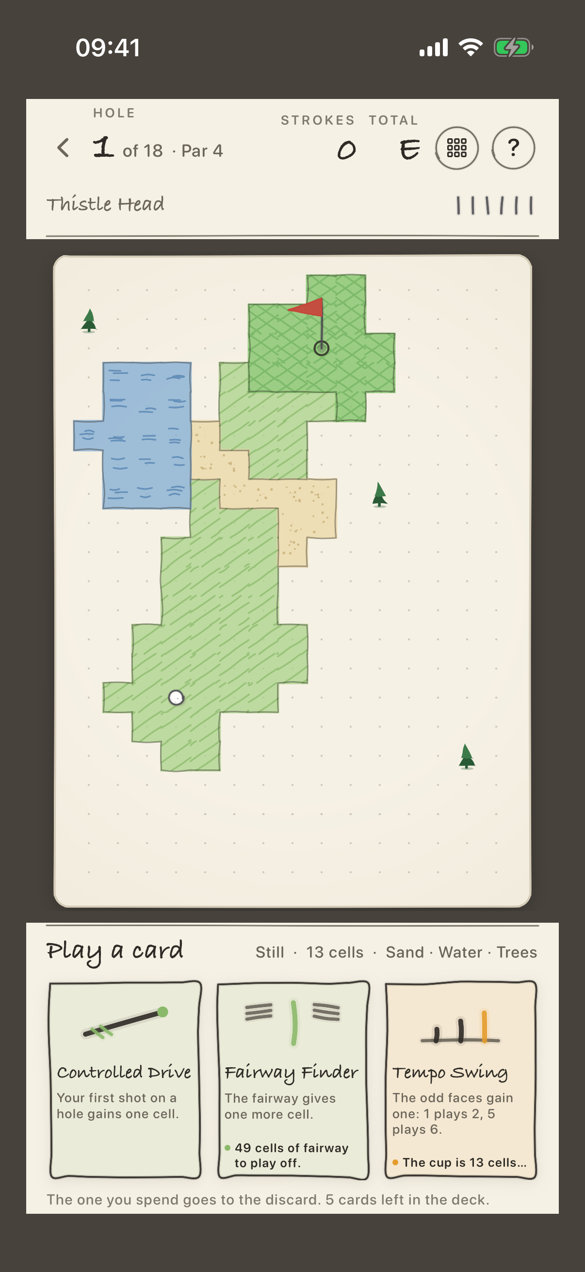 Three cards along the bottom of the screen, the board visible above them